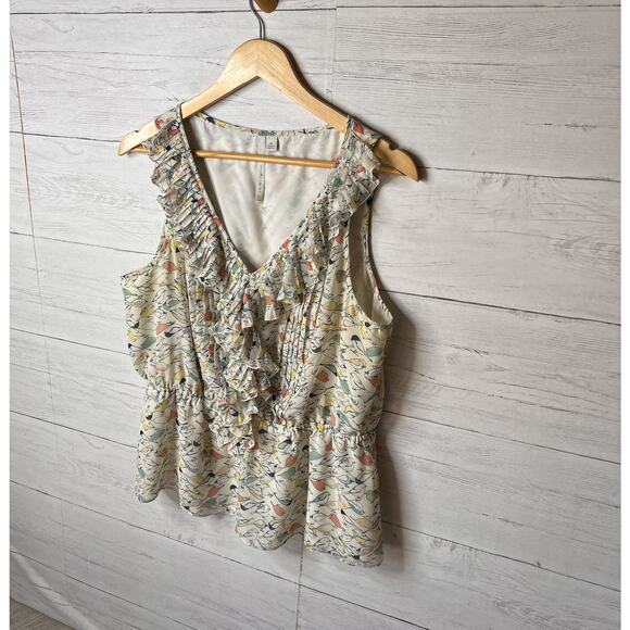 Lauren Conrad Blouse Womens Size XL Tiny Bird Print Babydoll Ruffle Pleated - Picture 4 of 16